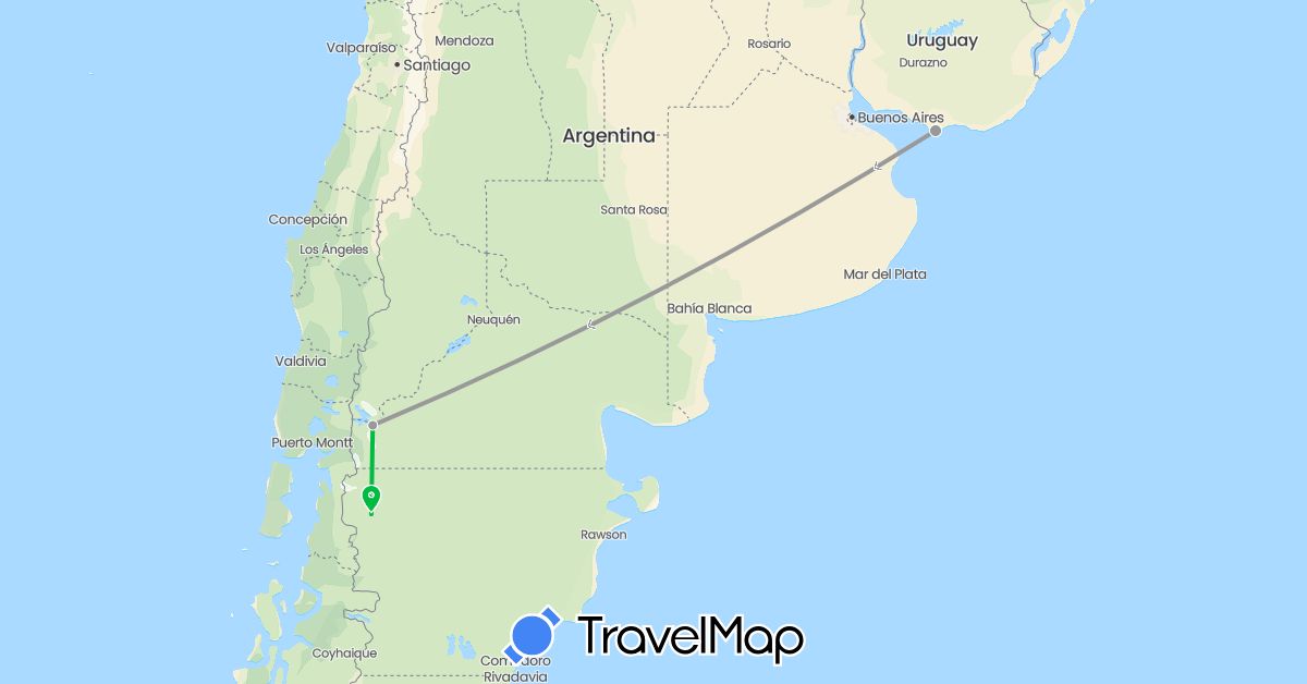 TravelMap itinerary: driving, bus, plane in Argentina, Uruguay (South America)
